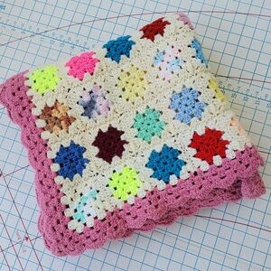Granny Square Crochet Afghan Blanket Throw Pink Multicolor 59"x54" Handmade